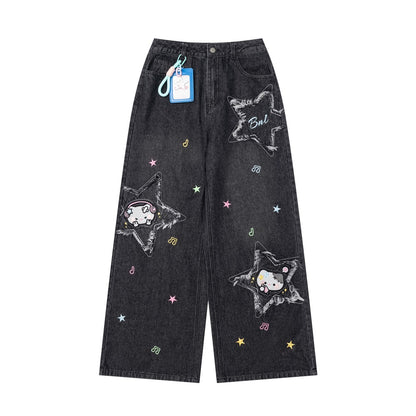 Crazy Girl Music Note Star Embroidery Cat Blue Black Baggy Jeans