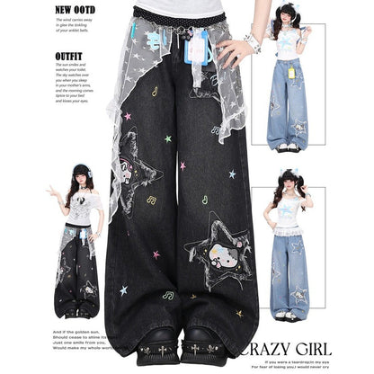 Crazy Girl Music Note Star Embroidery Cat Blue Black Baggy Jeans