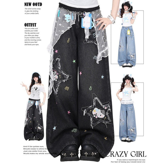 Crazy Girl Music Note Star Embroidery Cat Blue Black Baggy Jeans