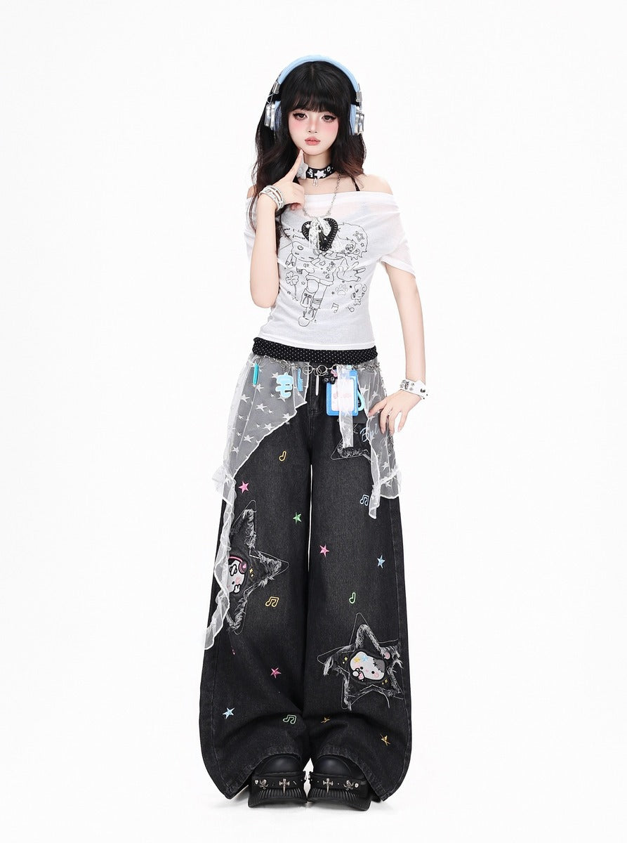 Crazy Girl Music Note Star Embroidery Cat Blue Black Baggy Jeans