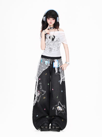 Crazy Girl Music Note Star Embroidery Cat Blue Black Baggy Jeans