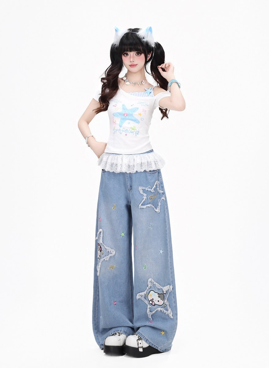 Crazy Girl Music Note Star Embroidery Cat Blue Black Baggy Jeans
