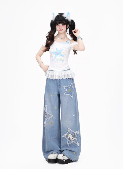 Crazy Girl Music Note Star Embroidery Cat Blue Black Baggy Jeans