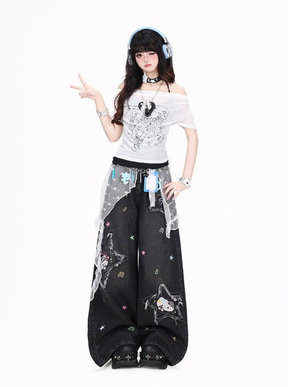 Crazy Girl Music Note Star Embroidery Cat Blue Black Baggy Jeans