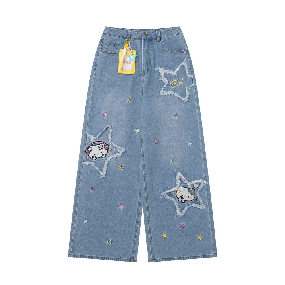 Crazy Girl Music Note Star Embroidery Cat Blue Black Baggy Jeans