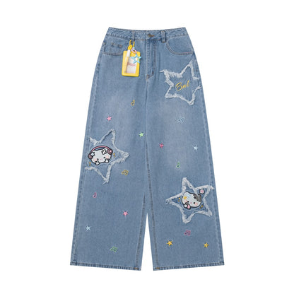 Crazy Girl Music Note Star Embroidery Cat Blue Black Baggy Jeans