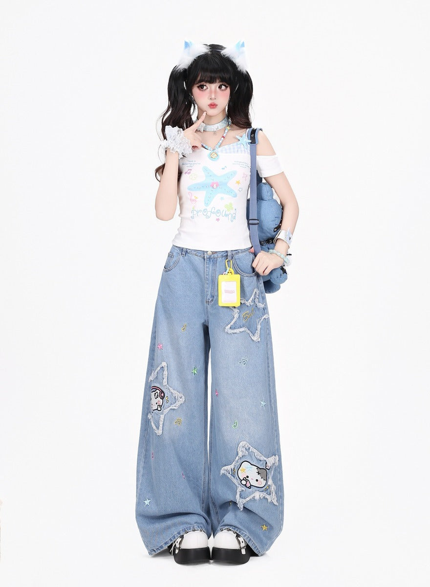 Crazy Girl Music Note Star Embroidery Cat Blue Black Baggy Jeans