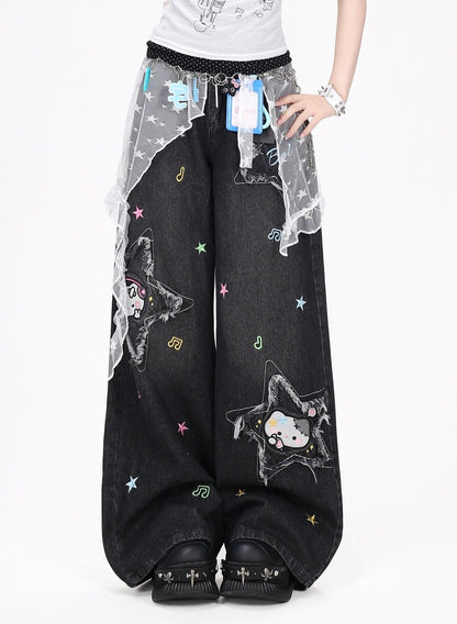 Crazy Girl Music Note Star Embroidery Cat Blue Black Baggy Jeans