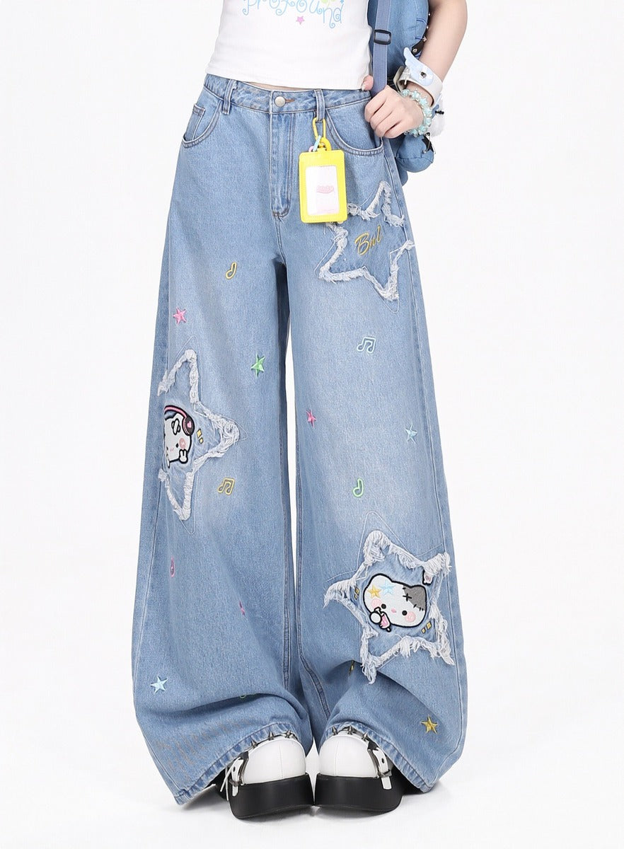 Crazy Girl Music Note Star Embroidery Cat Blue Black Baggy Jeans