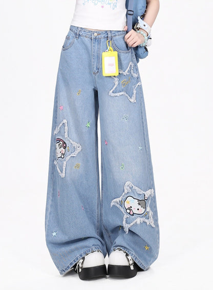 Crazy Girl Music Note Star Embroidery Cat Blue Black Baggy Jeans