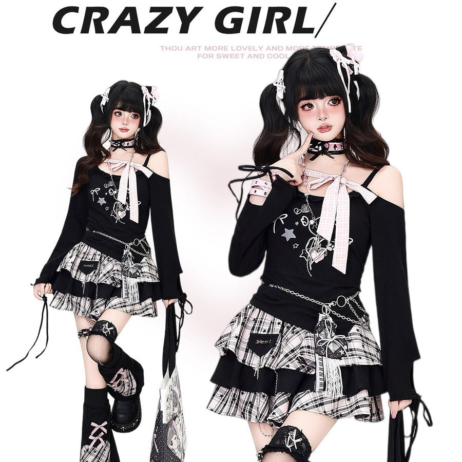 Crazy Girl Pink Bow Black Off Shoulder Shirt Top