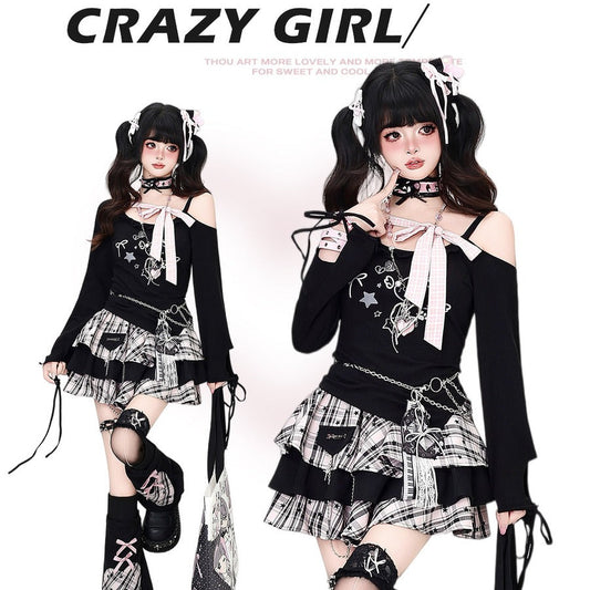 Crazy Girl Pink Bow Black Off Shoulder Shirt Top