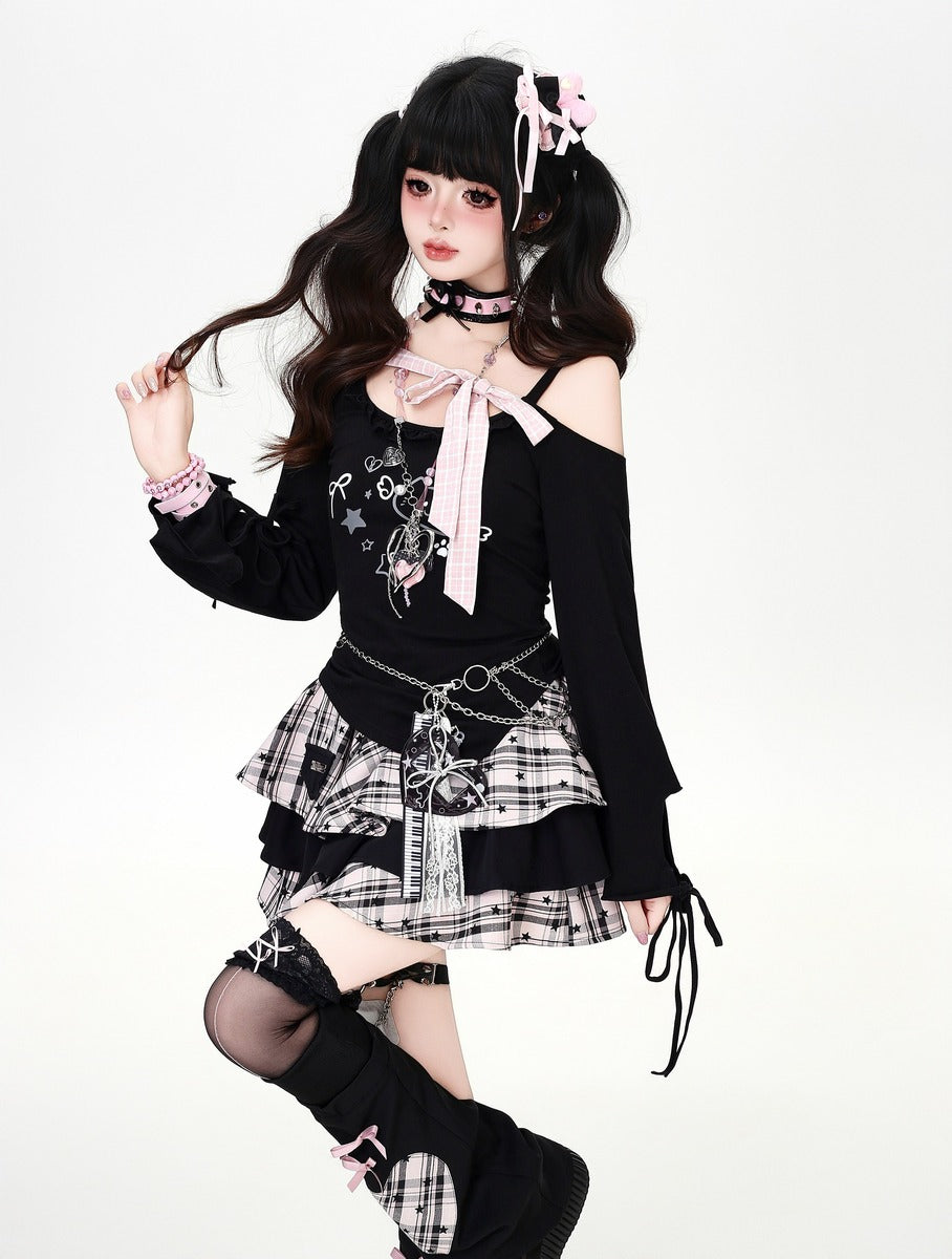 Crazy Girl Pink Bow Black Off Shoulder Shirt Top