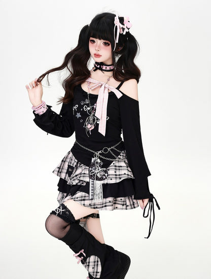 Crazy Girl Pink Bow Black Off Shoulder Shirt Top