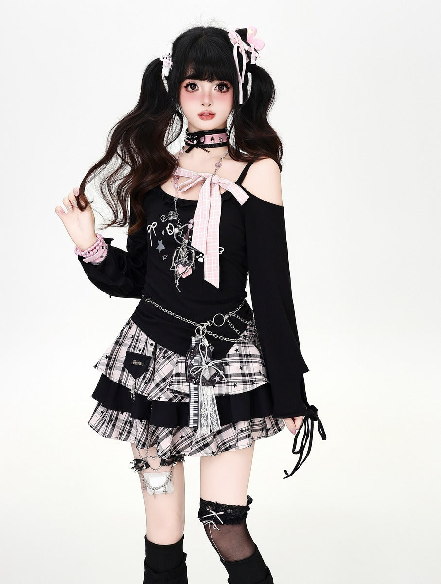 Crazy Girl Pink Bow Black Off Shoulder Shirt Top