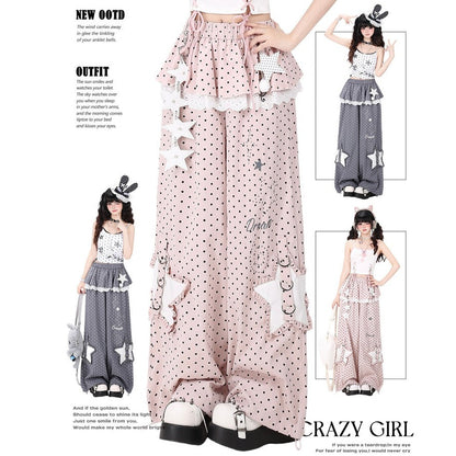 Crazy Girl Polka Dot Star Lace Pink Gray Elastic Pants