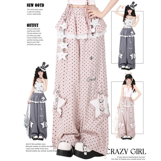 Crazy Girl Polka Dot Star Lace Pink Gray Elastic Pants