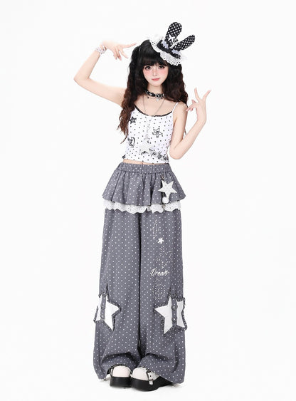 Crazy Girl Polka Dot Star Lace Pink Gray Elastic Pants
