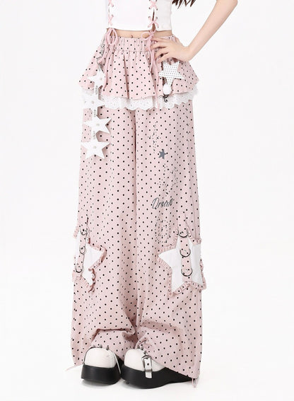 Crazy Girl Polka Dot Star Lace Pink Gray Elastic Pants