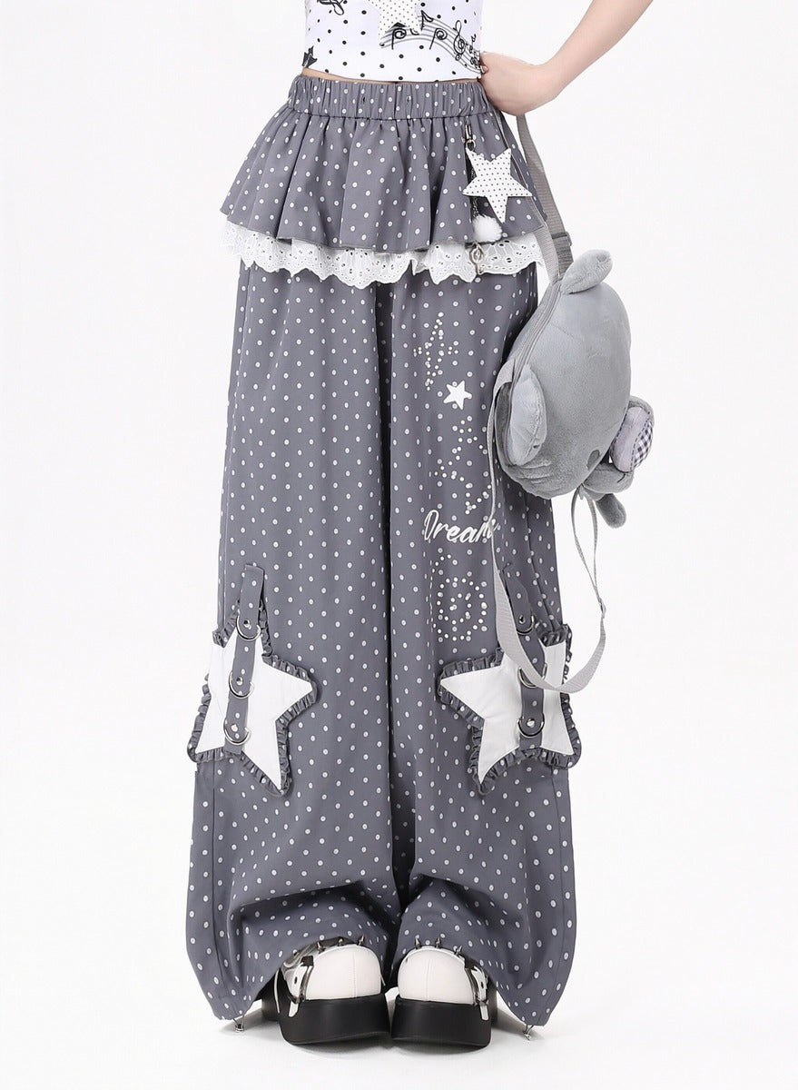 Crazy Girl Polka Dot Star Lace Pink Gray Elastic Pants