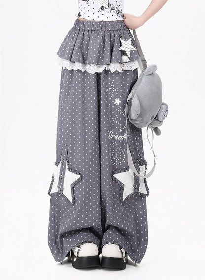Crazy Girl Polka Dot Star Lace Pink Gray Elastic Pants