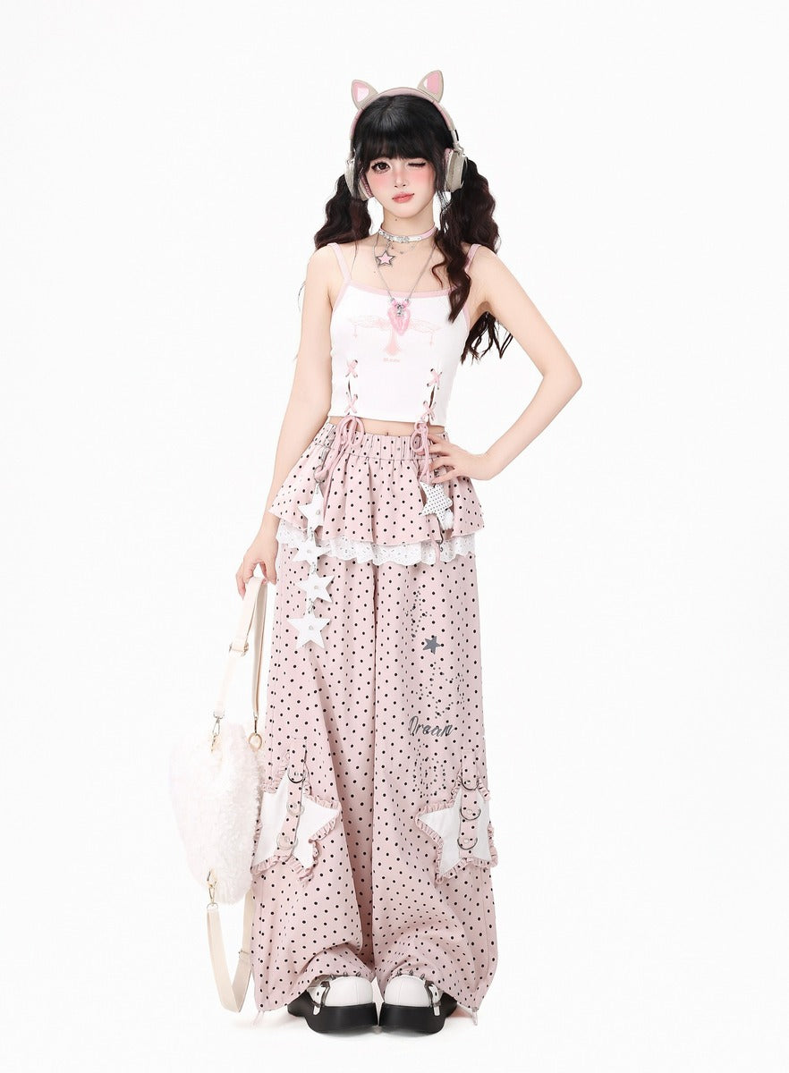 Crazy Girl Polka Dot Star Lace Pink Gray Elastic Pants