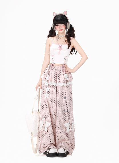 Crazy Girl Polka Dot Star Lace Pink Gray Elastic Pants