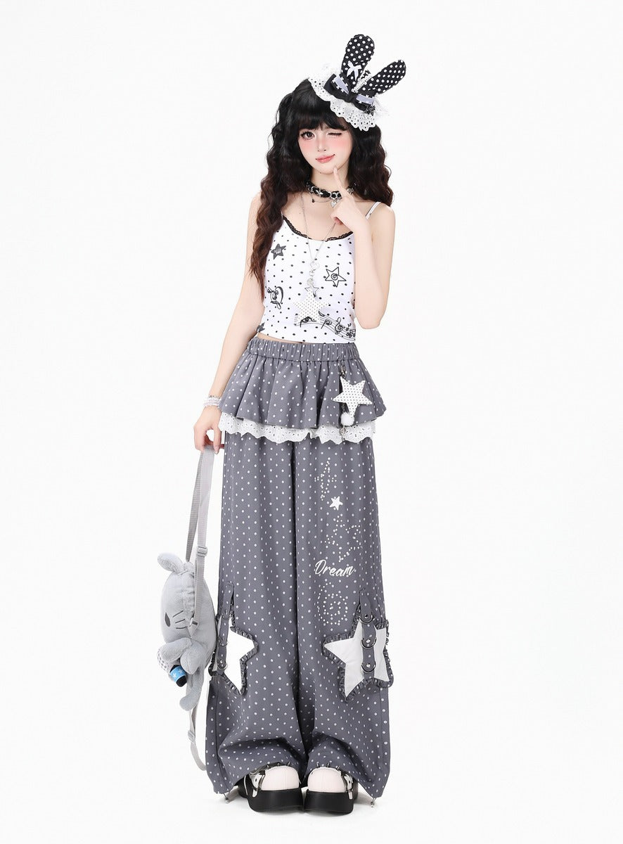 Crazy Girl Polka Dot Star Lace Pink Gray Elastic Pants