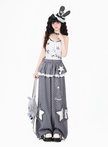 Crazy Girl Polka Dot Star Lace Pink Gray Elastic Pants