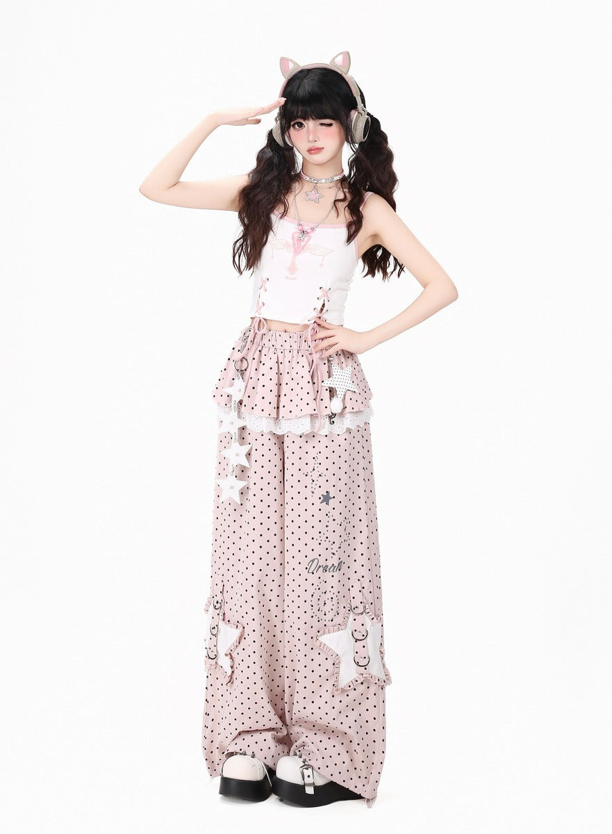 Crazy Girl Polka Dot Star Lace Pink Gray Elastic Pants