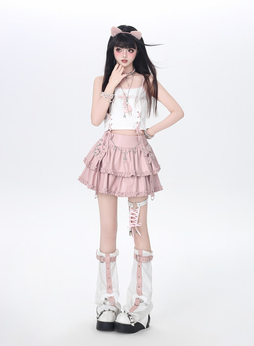 Person wearing a white top and pink skirt with cat ears on a white background