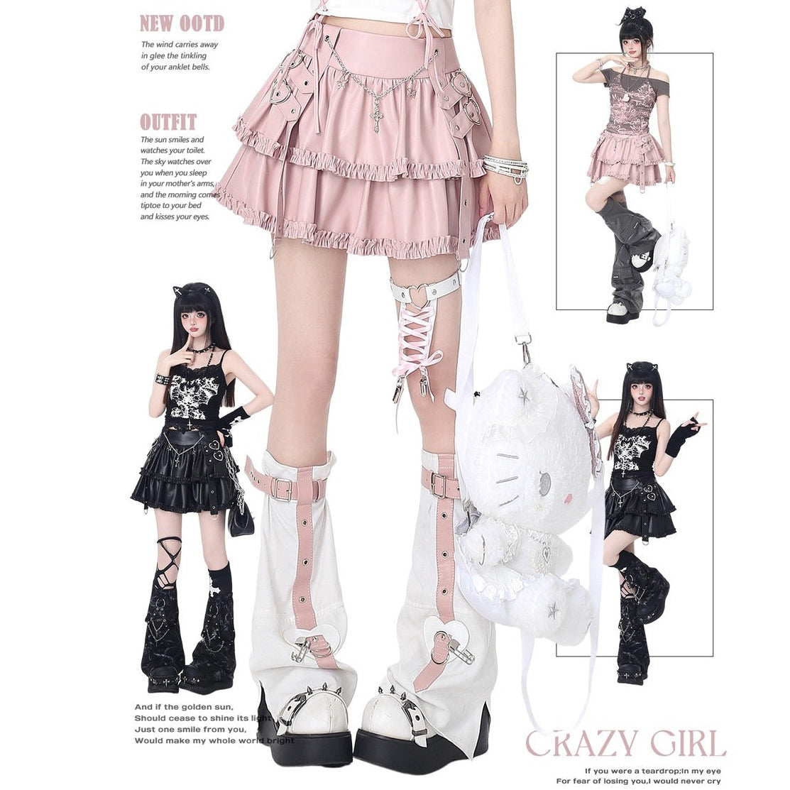 Fashion advertisement featuring a outfit with pink skirt, black boots, and white leg straps on a white background.