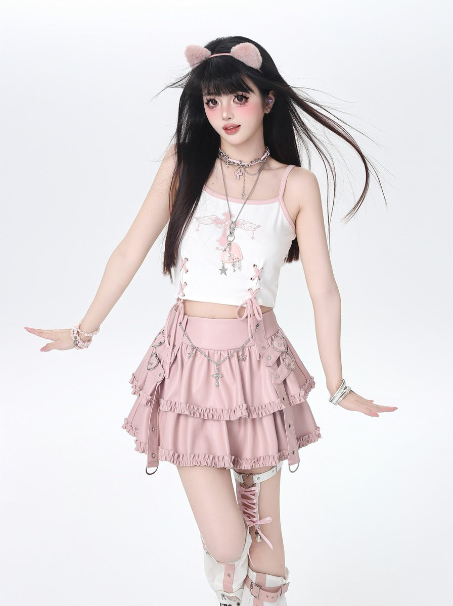 Woman in a white top and pink skirt with cat ears on a white background