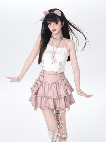 Woman in a white top and pink skirt with cat ears on a white background
