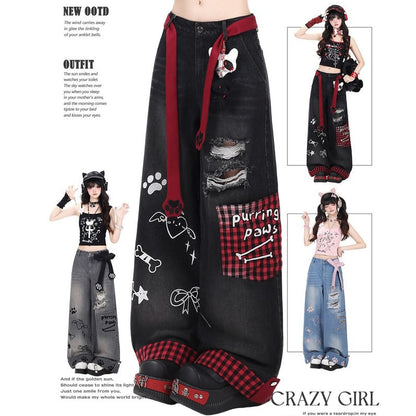 Crazy Girl Purring Paws Plaid Red Blue Black Jeans