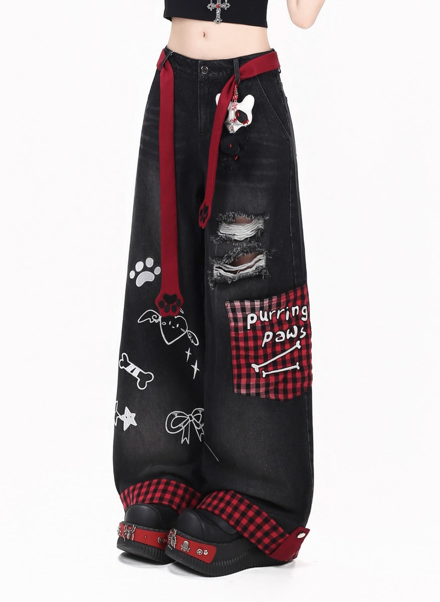 Crazy Girl Purring Paws Plaid Red Blue Black Jeans