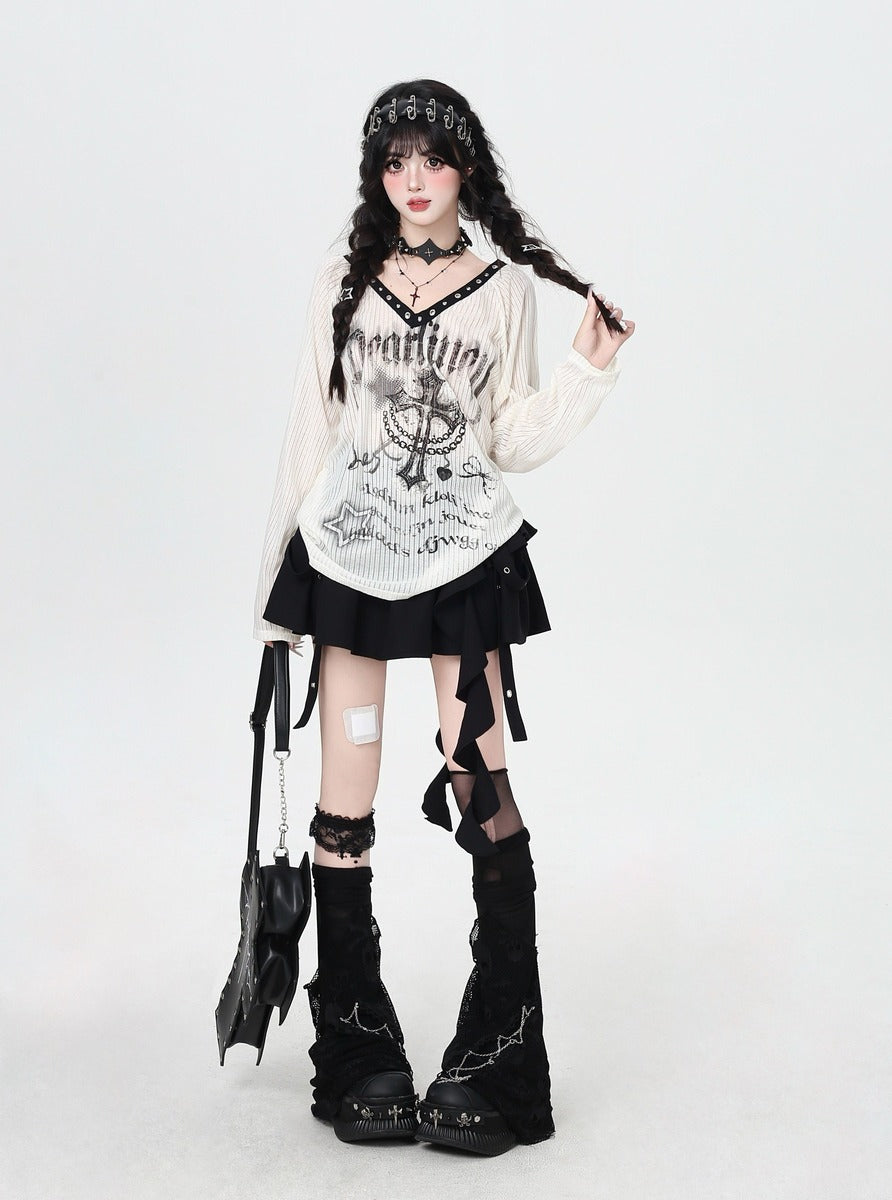 Crazy Girl Shibuya Cross Black Cream Shirt Top