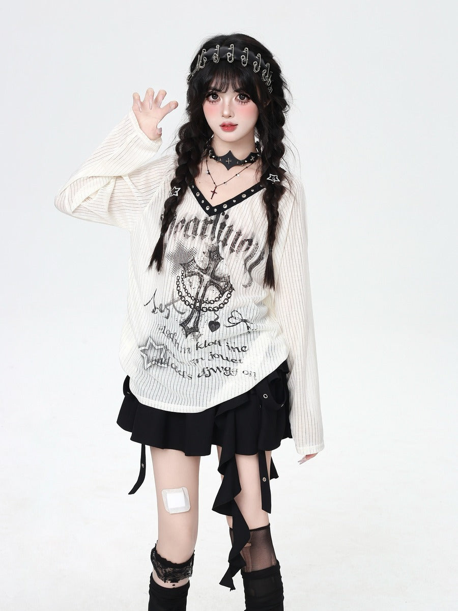 Crazy Girl Shibuya Cross Black Cream Shirt Top