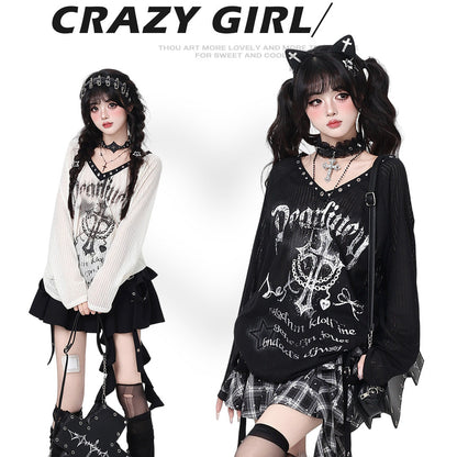 Crazy Girl Shibuya Cross Black Cream Shirt Top