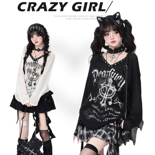 Crazy Girl Shibuya Cross Black Cream Shirt Top