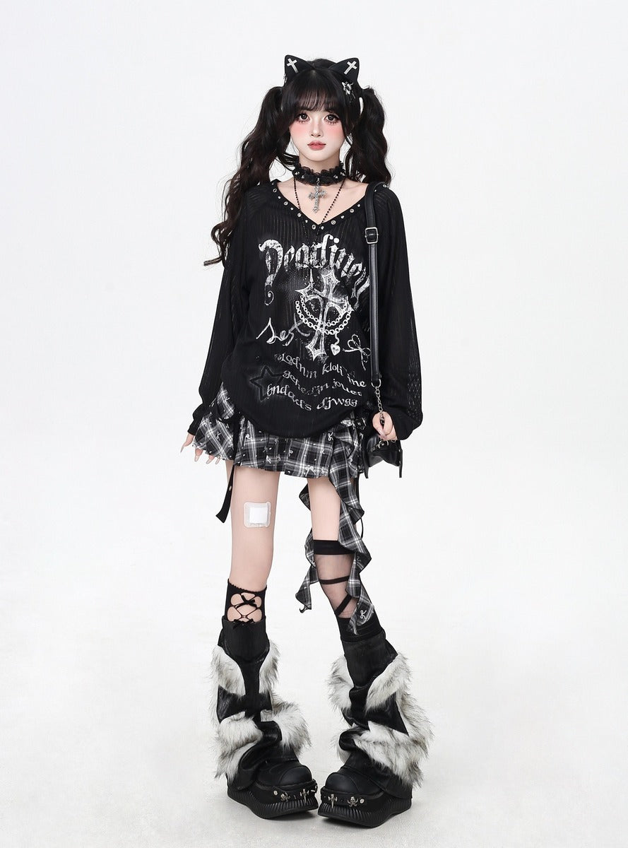 Crazy Girl Shibuya Cross Black Cream Shirt Top