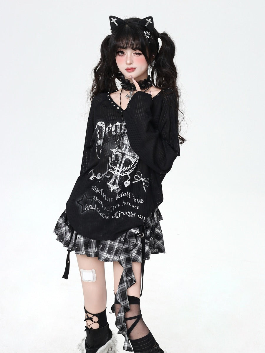 Crazy Girl Shibuya Cross Black Cream Shirt Top
