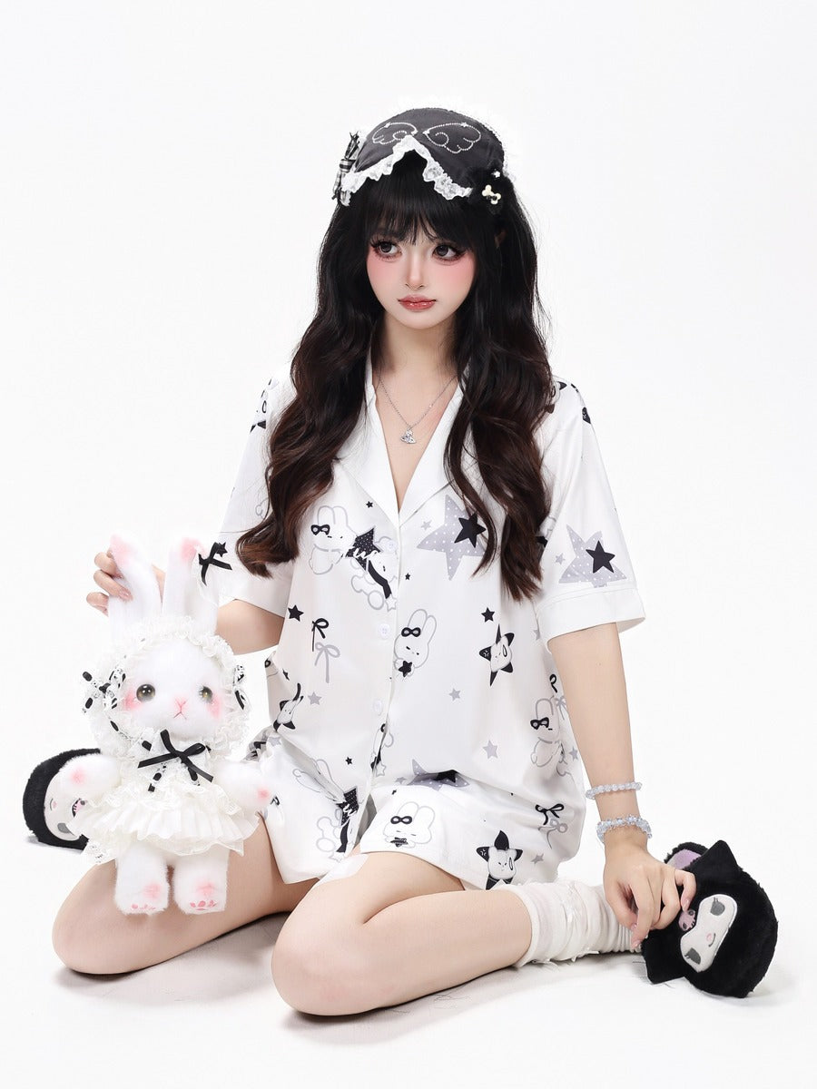 Crazy Girl Sleepy Rabbit Short Ver Black White Pajamas Top Shorts