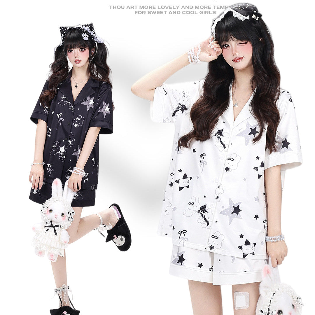 Crazy Girl Sleepy Rabbit Short Ver Black White Pajamas Top Shorts