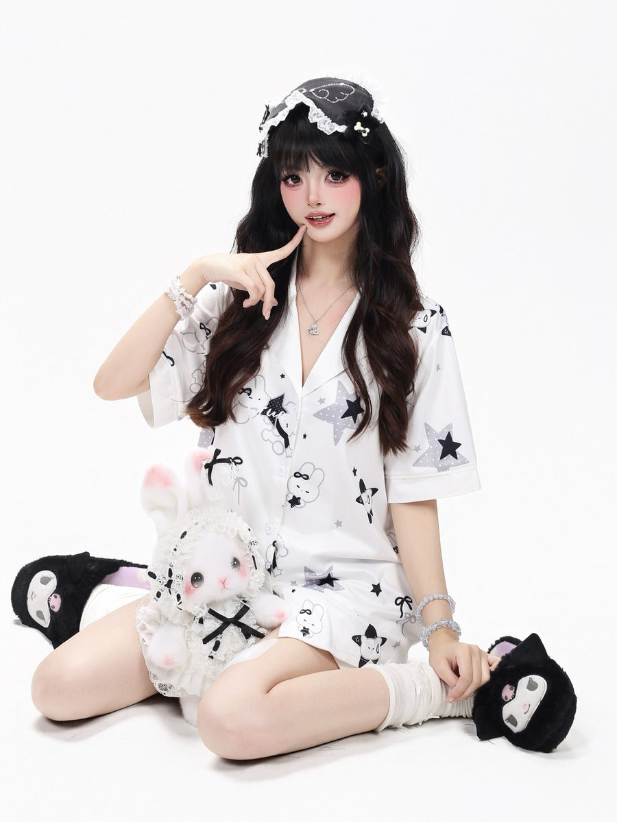 Crazy Girl Sleepy Rabbit Short Ver Black White Pajamas Top Shorts