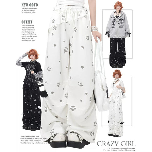 Fashion spread with a model wearing a white outfit with star patterns, surrounded by text and smaller images of the same outfit.