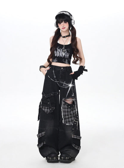 Person wearing a black outfit with plaid accents and headphones on a white background