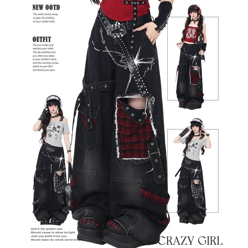 Fashion outfit with long black skirt, red plaid insert, and black top with white text on a white background.