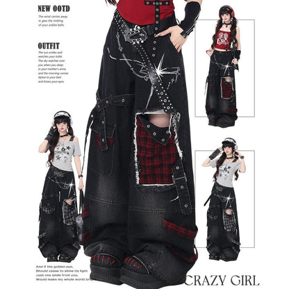 Fashion outfit with long black skirt, red plaid insert, and black top with white text on a white background.