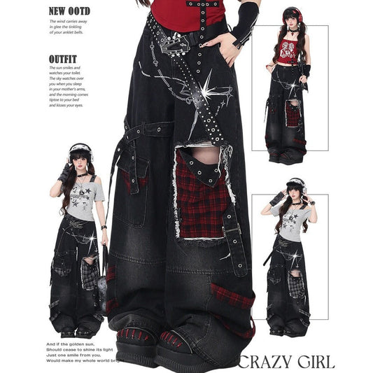 Fashion outfit with long black skirt, red plaid insert, and black top with white text on a white background.